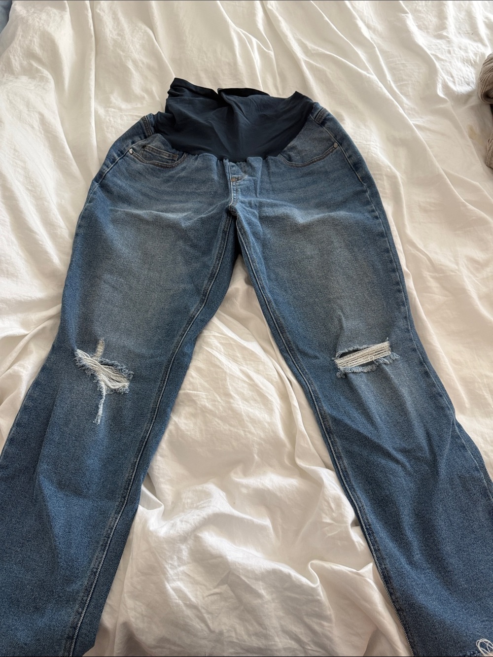 Motherhood Maternity Distressed Blue Denim Boyfriend Jeans with Black Waistband